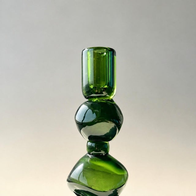 Arts & Crafts Hand Blown Emerald Green Stacked Glass Candlestick For Sale - Image 3 of 6