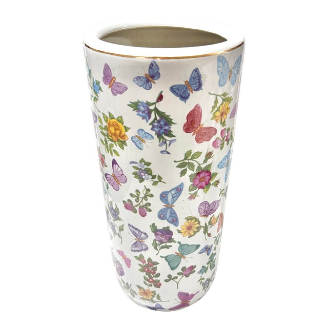 Vintage Spring Butterfly & Botanical Ceramic Umbrella Stand Floor Vase With Gold Rim, Late 20th Century For Sale