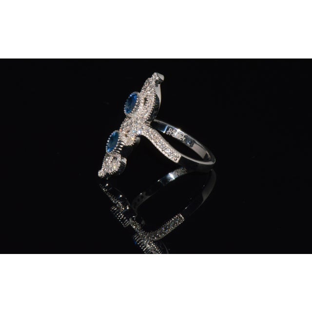 Late 20th Century Certified Natural 1.40cts Diamond & Sapphire 18k Solid White Gold Filigree Cocktail Ring, Size 6.5 For Sale - Image 5 of 13