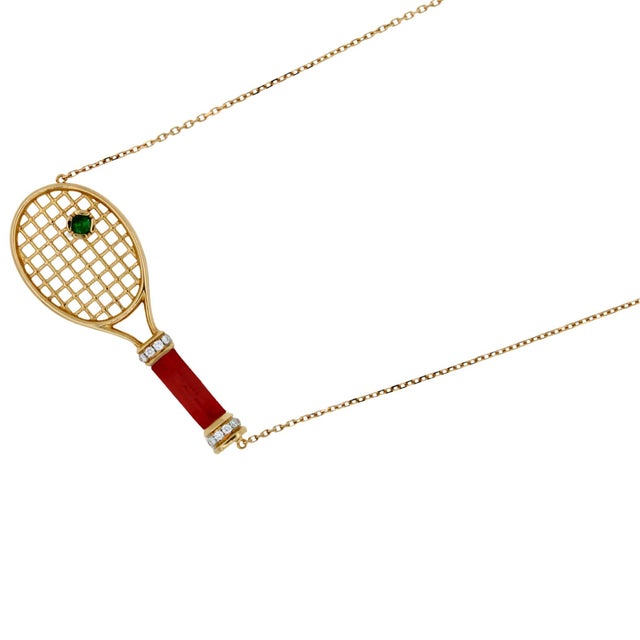 Contemporary Tennis Racket Red Carnelian Handle Green Emerald Tennis Ball Jewelry 18 Karat For Sale - Image 3 of 9