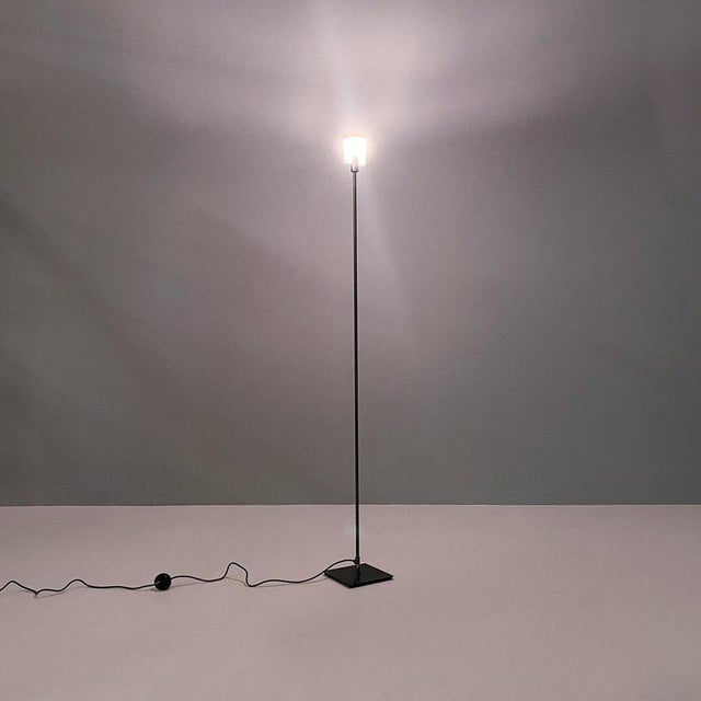 Lamp from the ground, modern Italian, in metal and opal glass of Prandina 1980s ground lamp, thin, with long gray metal...