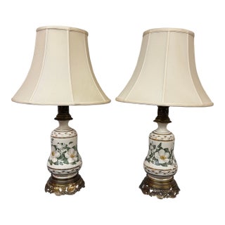 Late 20th Century White Lily Hand Painted Ceramic Table Lamps, Pair For Sale