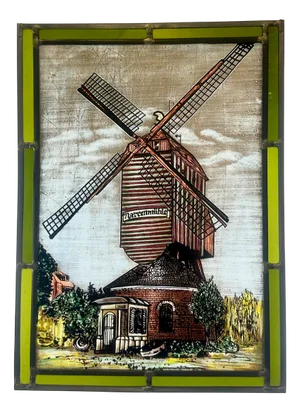 German Hand-Painted Stained Glass Hanging Window Panel with Narrenmühle, 20th Century