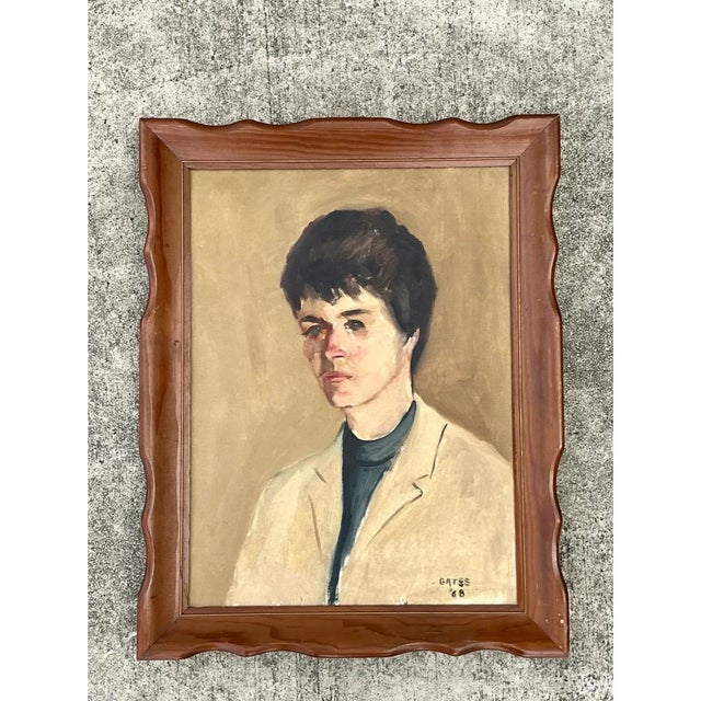 Mid-Century Modern Vintage 1968 Signed Portrait Painting For Sale - Image 3 of 12
