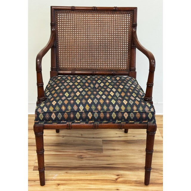 Chinoiserie Vintage Faux Bamboo Cane Back Upholstered Seat Arm Chair For Sale - Image 3 of 9