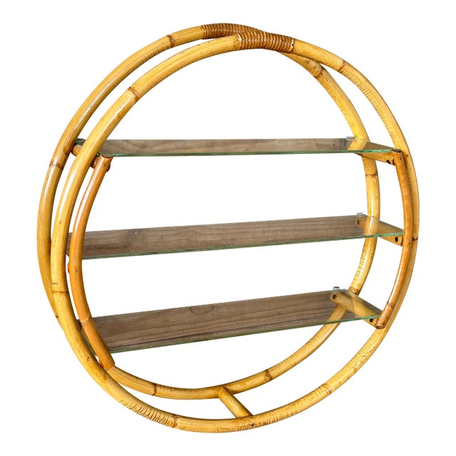 Vintage Coastal Round Bent Rattan Wall Shelf With Three Glass Shelves For Sale