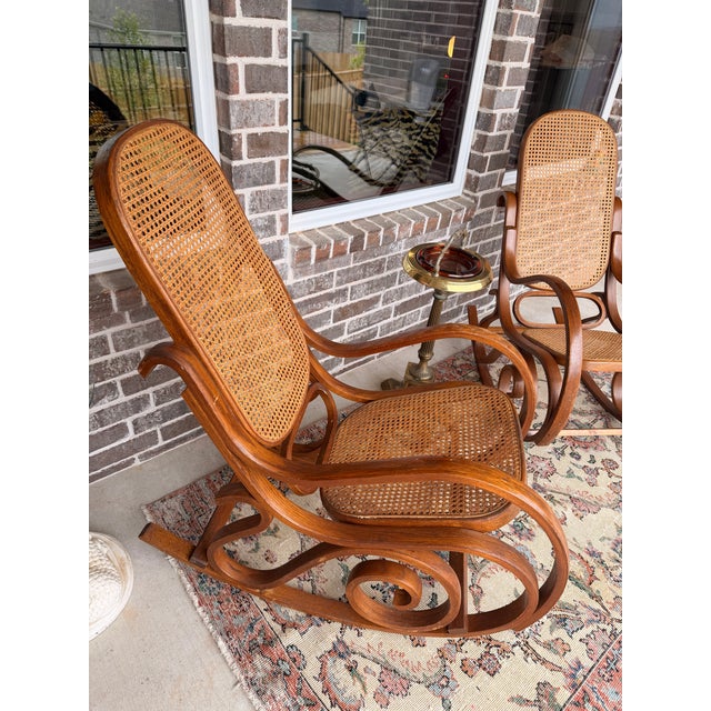 Mid-Century Modern Vintage Bentwood Cane Rockers | Art Nouveau / Victorian Conservatory Style | Pair For Sale - Image 3 of 9