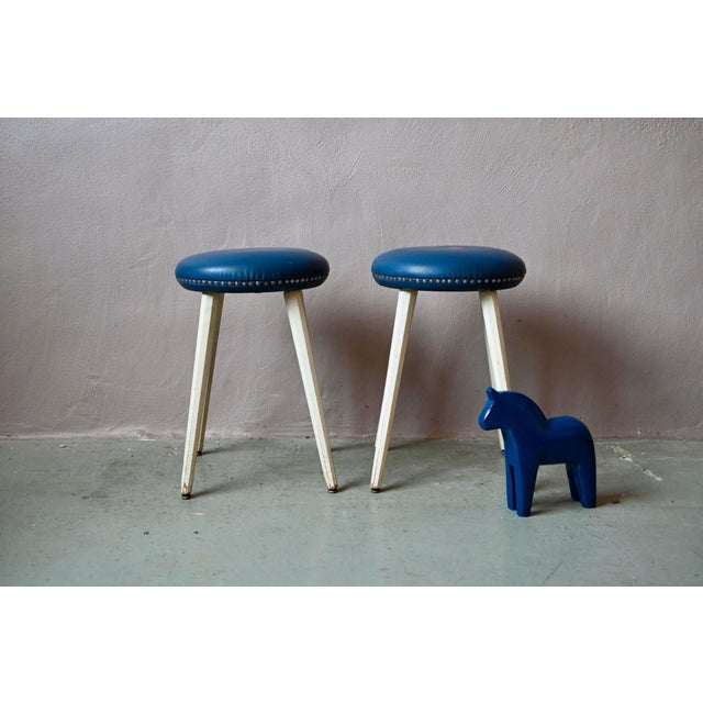 Vintage Rockabilly Stools in Blue Faux Leather with Studs and Compass Legs, 1960s, Set of 2 For Sale - Image 9 of 9