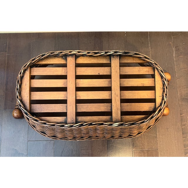 Vintage Woven Wicker Basket With Turned Wood Handles & Wood Slatted Base For Sale - Image 14 of 14