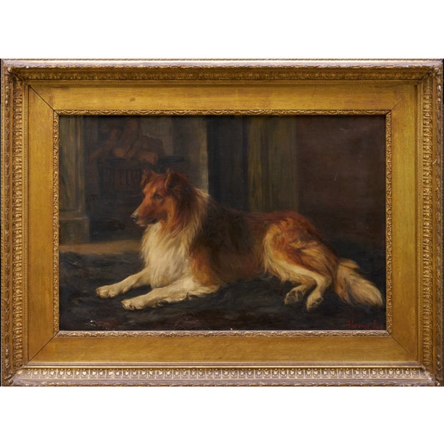 Antique early 20th-century English oil painting depicting a collie at rest, created by Florence Jay, an artist active...