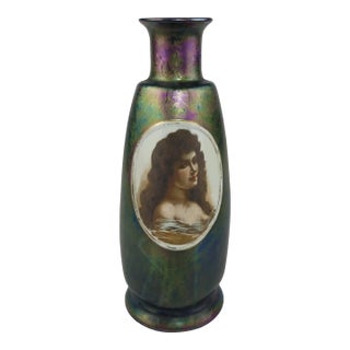 Antique Iridescent Art Glass Vase Victorian Portrait Oil Slick Finish 13.5in For Sale