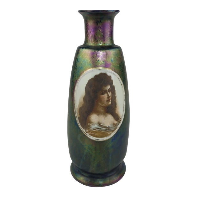 Antique Iridescent Art Glass Vase Victorian Portrait Oil Slick Finish 13.5in For Sale