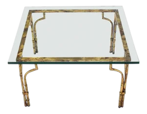 Vintage Mid Century Gilt Metal Faux Bamboo Thick Glass Top Square Coffee Table