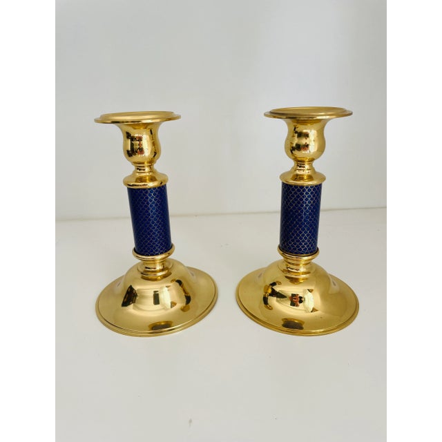 1950s Hollywood Regency Style Brass and Enamel Candle Holders- a Pair For Sale - Image 10 of 10