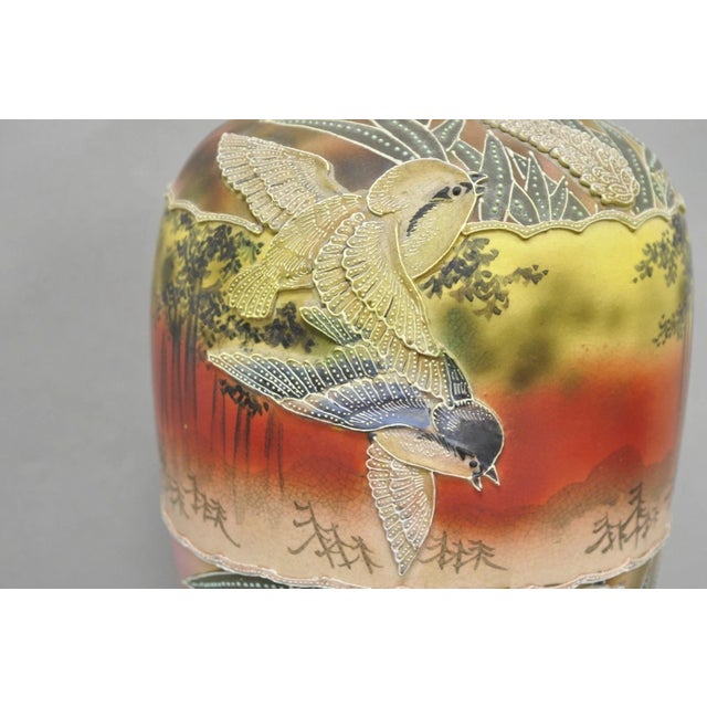 Antique Japanese Heavy Moriage Hand Painted Porcelain Oriental Bird Satsuma Vase For Sale - Image 4 of 16