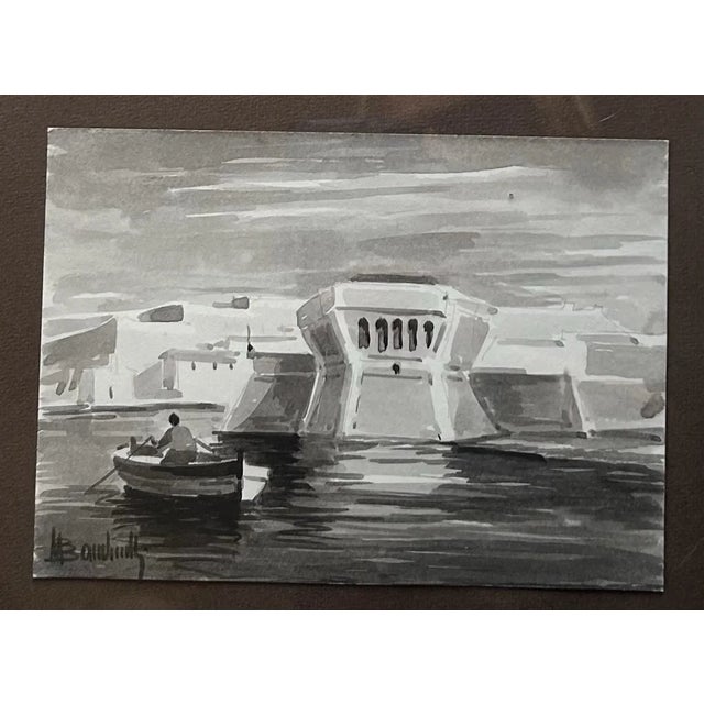 Illustration Vintage 1960’s Black & White Watercolors of Various Fishing Boats ~ Framed Set of 7 For Sale - Image 3 of 11