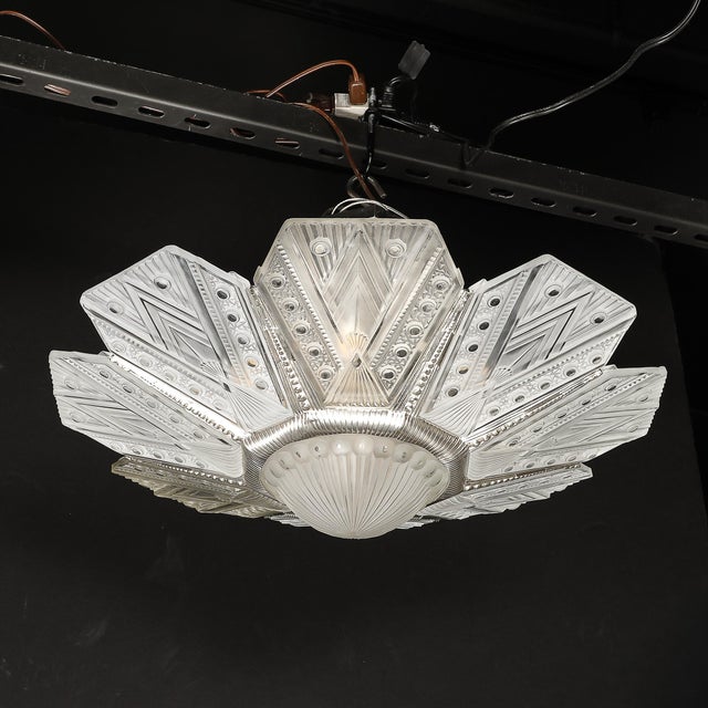 Art Deco Frosted Glass Cubist Geometric Detail & Fluted Chandelier Signed Leleu For Sale - Image 11 of 18