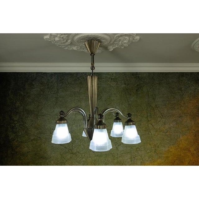 Art Deco French Bronze and Frosted White Glass Six-Light Chandelier, 1930s For Sale - Image 13 of 18