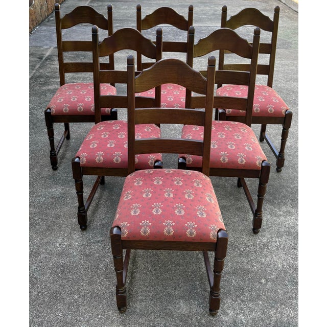 Nice set of six dark ladder back dining chairs with upholstery seats