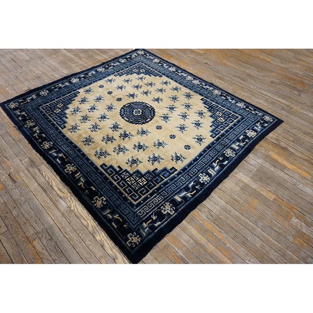 1920s Beige Medallion Floral Classical Greek Antique Chinese Baotou Square Rug For Sale In New York - Image 6 of 11