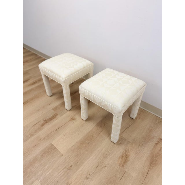 Mid 20th Century Milo Baughman Style White Parsons Upholstered Stool Pair Vintage MCM Cube For Sale - Image 5 of 11