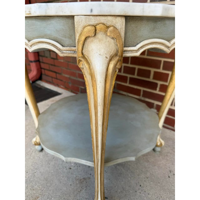 Vintage Hand-Painted Pale Blue & Marble Newly Painted Two-Tier Accent Table by Turtle and Crane - Italian Rococo Style For Sale In Mobile - Image 6 of 13