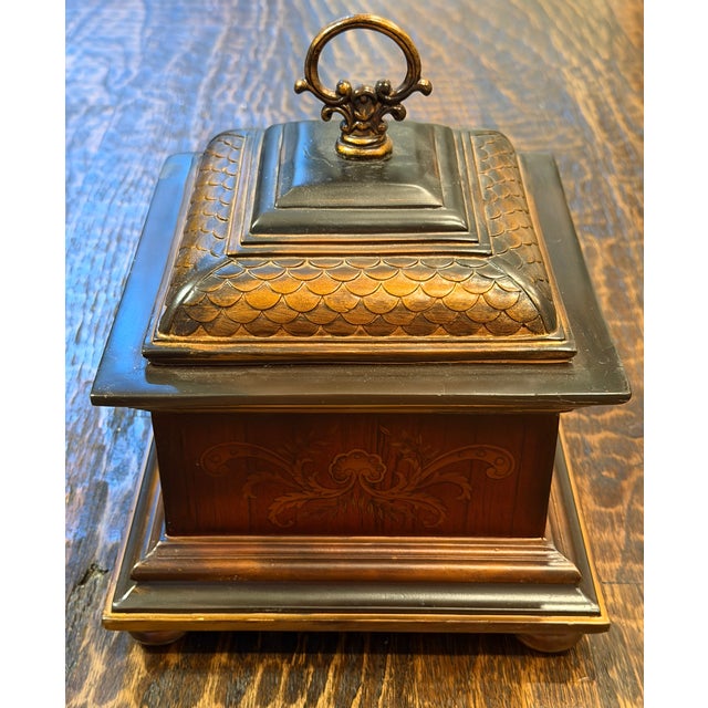 Neoclassical Vintage Regency Revival Tea Caddy Jewelry Box With Fish Scale Lid For Sale - Image 3 of 12
