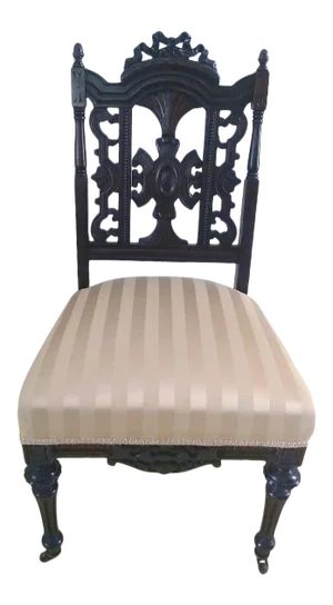 Antique 1870s Victorian Mahogany Carved Side Chair With Gold Striped Upholstery