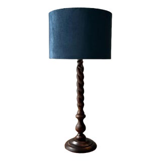 Sculptural Wooden Table Lamp with Fabric Shade For Sale