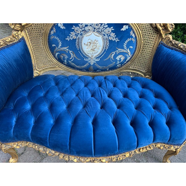 1940 French Louis XVI Gold Beech Blue Velvet Settee For Sale - Image 9 of 18