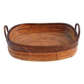 Rattan Basket with Brass Edge Handles, 1970s For Sale