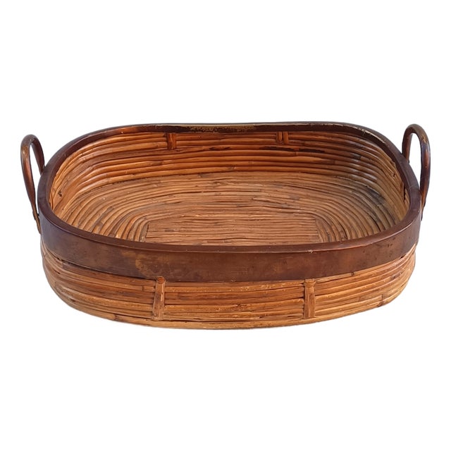 Rattan Basket with Brass Edge Handles, 1970s For Sale