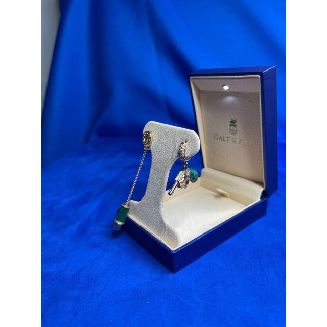 Metal Diamond Green Malachite Bullet 18 Karat Rose Gold Circle Drop Chain Earrings, A Pair For Sale - Image 7 of 8