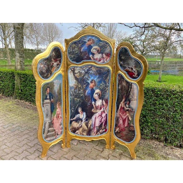 Late 20thC French Louis XVI Gilt Beech Scenic Room Divider Screen – 3 Panels For Sale - Image 16 of 18