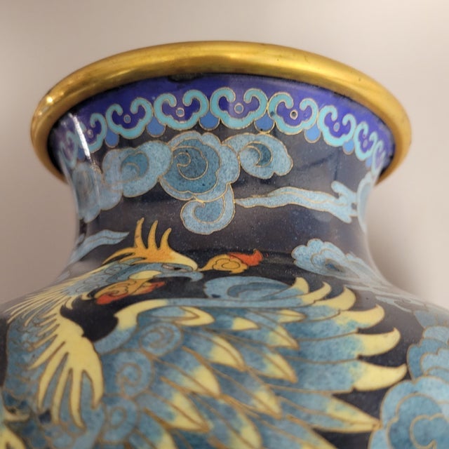Chinese Cloisonné Vase With Dragon and Phoenix on Blue Ground, Mid-20th Century For Sale - Image 11 of 13