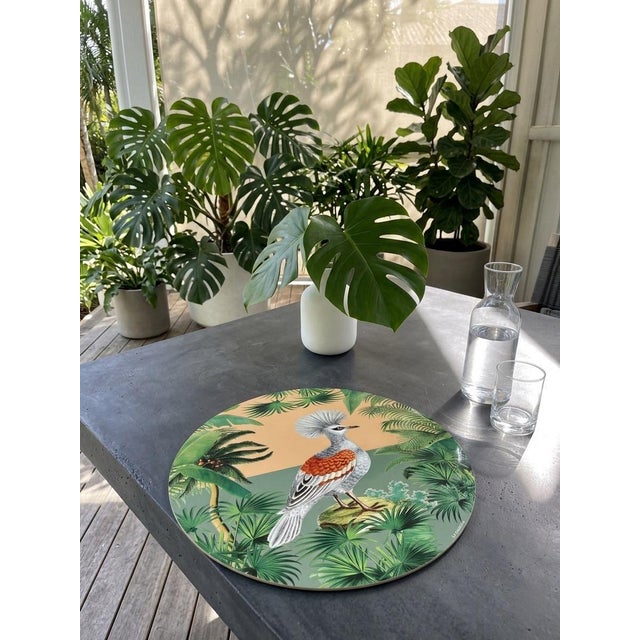 Wood Handmade La Corallina Firenze "Jamaica" Series Crowned Crane Round Hard Placemat For Sale - Image 7 of 10
