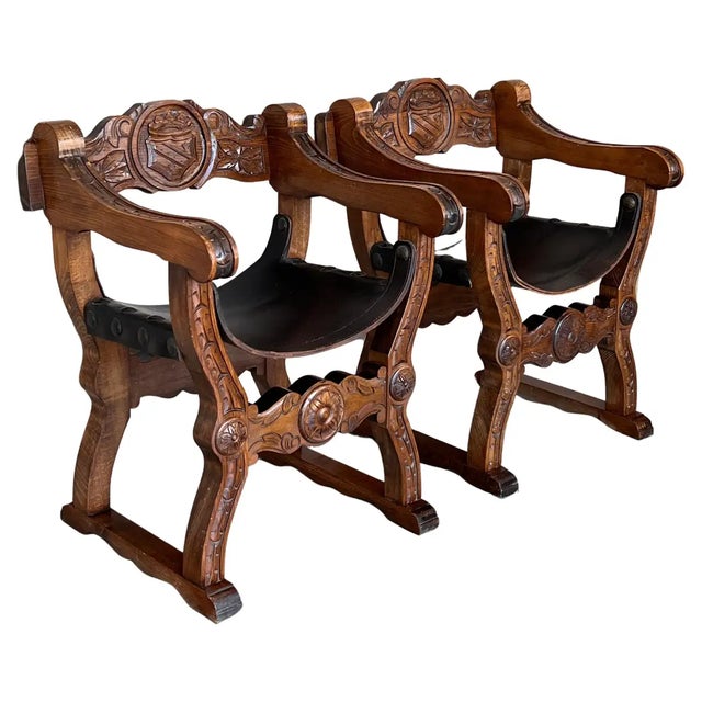 19th Pair of Carved Walnut Leather Savonarola Bench or Settee For Sale - Image 12 of 12