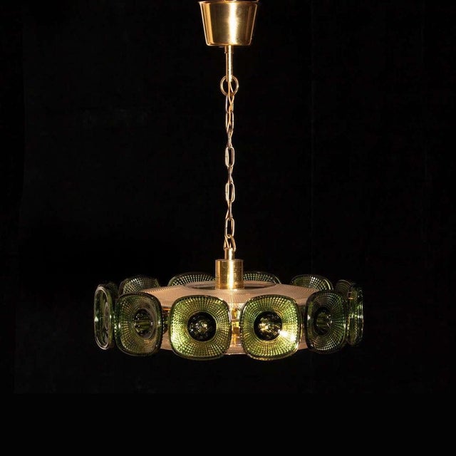 1960s, Brass Pendant in Clear and Green Crystal by Carl Fagerlund for Orrefors For Sale - Image 9 of 10