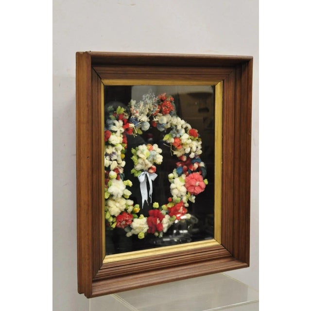 Antique Victorian Mahogany Deep Shadow Box Frame Felt Cotton Mourning Wreath Wall Art. Item features a nice deep frame,...