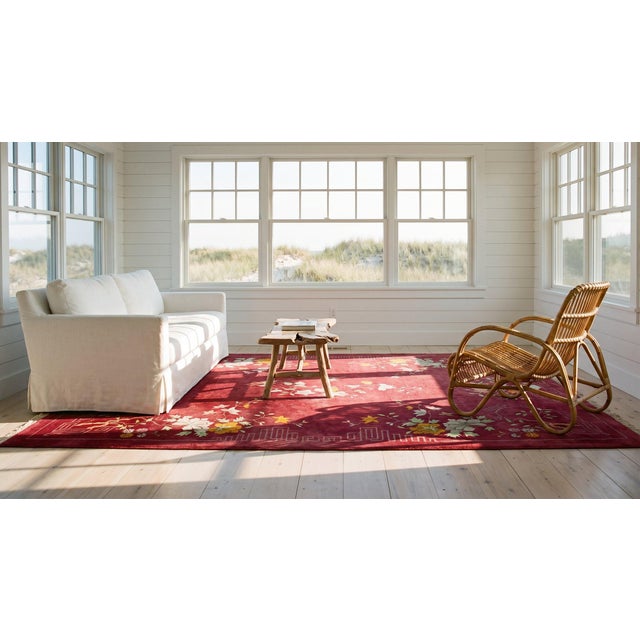 Adorable Red-Maroon Background Asymmetric Detail Floral Desing Antique Chinese Art Deco Rug For Sale - Image 10 of 12