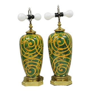 Hollywood Regency Green & Gold Scroll Painted Ceramic Table Lamps - A Pair For Sale