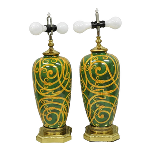 Hollywood Regency Green & Gold Scroll Painted Ceramic Table Lamps - A Pair