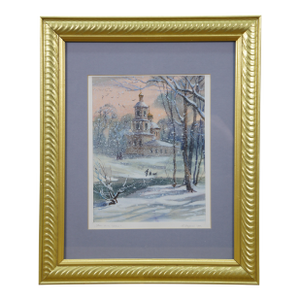 1997 Russian Gvozdenko Country Church Snowy Winter Landscape Watercolor Painting
