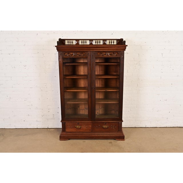 Herter Brothers Style Antique Eastlake Victorian Carved Walnut Bookcase, Circa 1880s For Sale - Image 12 of 12