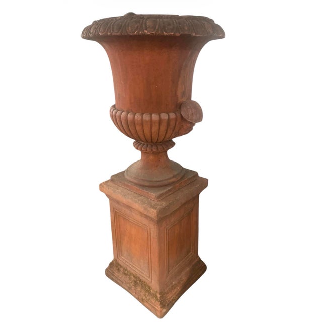 Vintage Italian Terracotta Garden Urn on Pedestal For Sale - Image 4 of 12