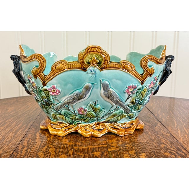 Antique French Onnaing Majolica Cache Pot Planter Bowl Jardiniere Love Birds For Sale In Dallas - Image 6 of 18