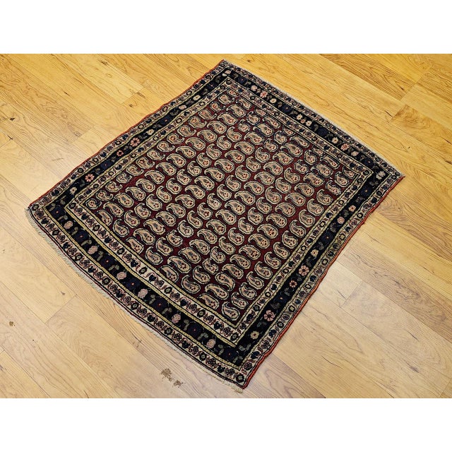 Vintage Persian Malayer Area Rug, Hand-Knotted Wool, Allover Paisley Pattern, Red & Navy, 3x3 For Sale - Image 4 of 14