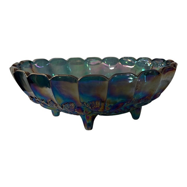 Vintage Indiana Iridescent Carnival Glass Blue Grapefruit Footed Bowl For Sale