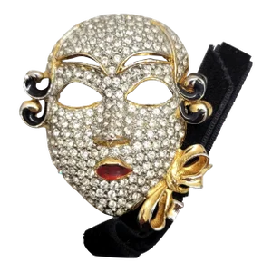 Vintage Signed Ugo Correani Italy Pave Clear Rhinestone Venetian Mask Brooch
