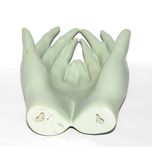 Vintage Ceramic Open Hands Sculpture Mounted Wall Art Mint Green Finish Pop Art For Sale - Image 11 of 15